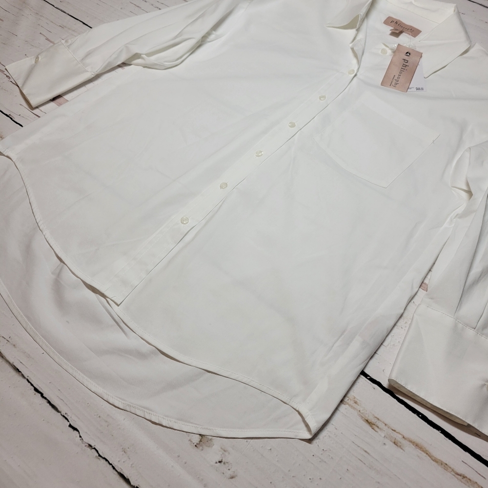 Philosophy White Oversized Button-Down Shirt Hi-Lo Hem Boxy Fit Classic Size XS - Picture 5 of 11